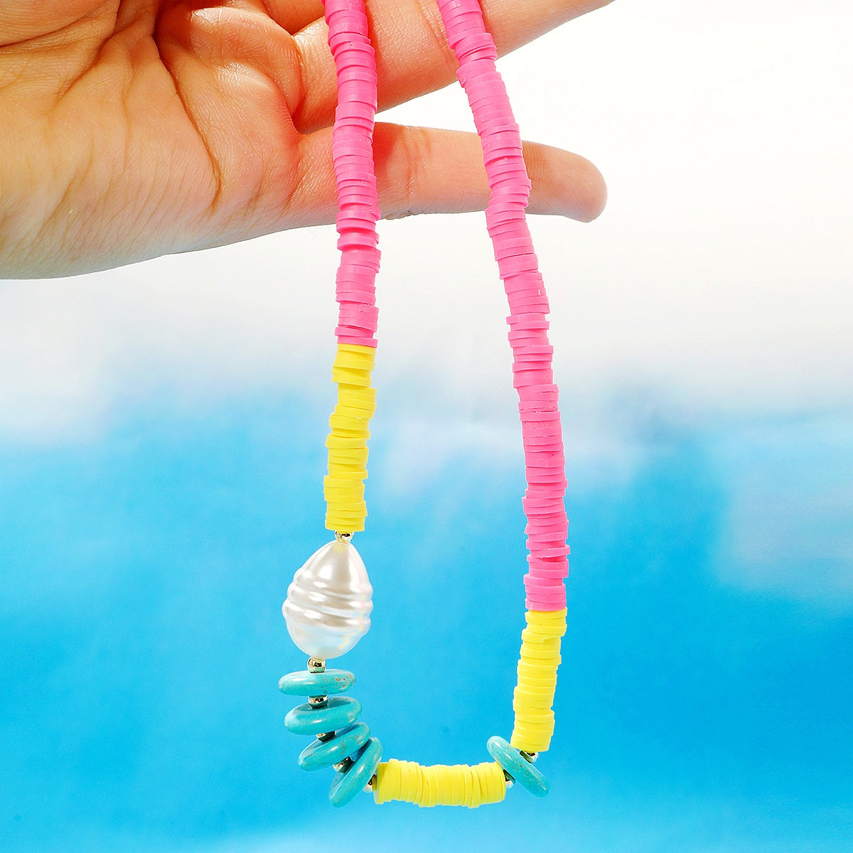 Pearl and Pink Polymer Clay Turquoise 18K Gold-Plated Beaded Necklace, gold pendant necklace for women, styled look