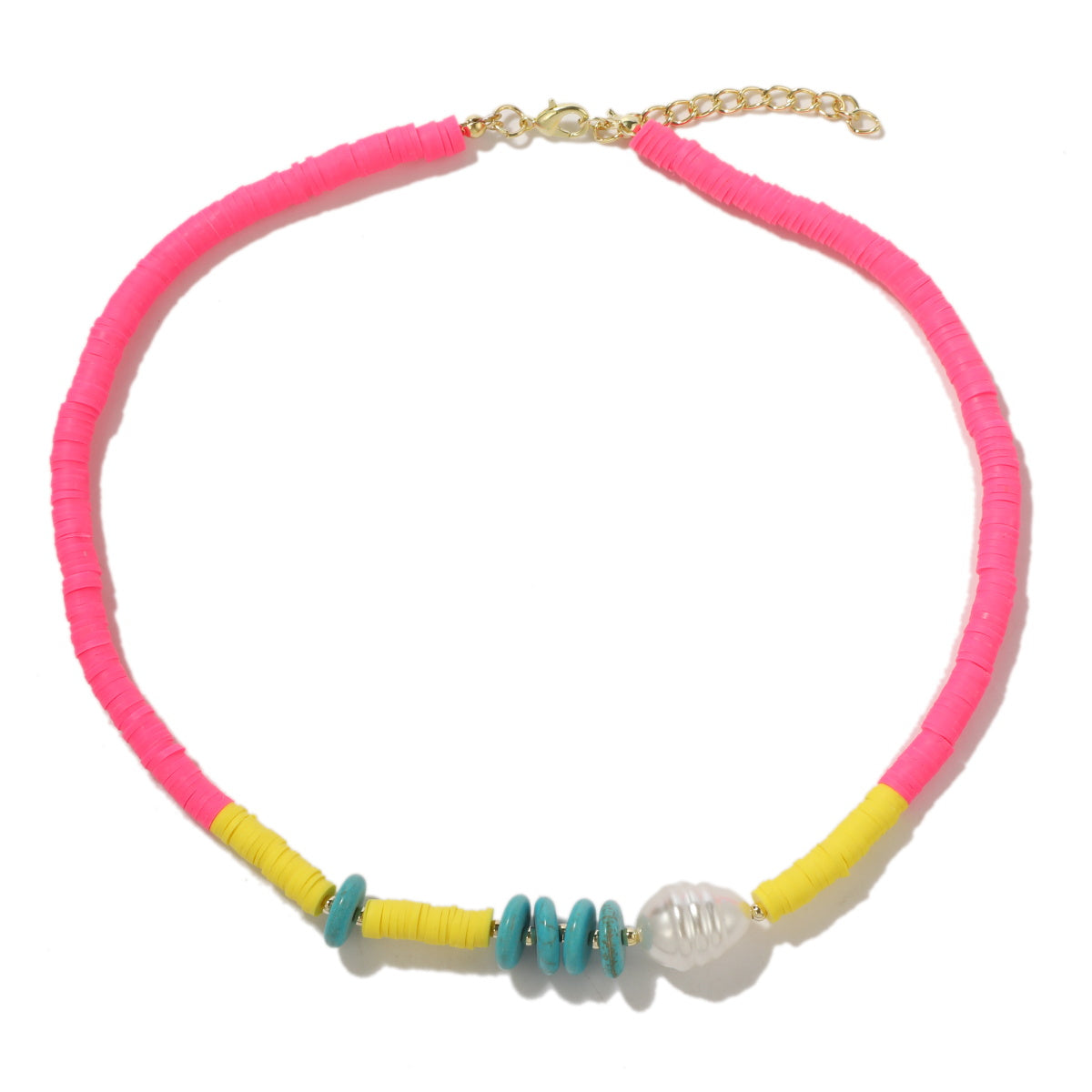 Pearl and Pink Polymer Clay Turquoise 18K Gold-Plated Beaded Necklace, gold pendant necklace for women, lifestyle look