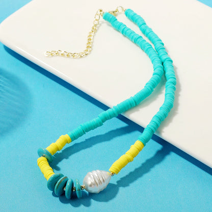 Pearl and Turquoise Polymer Clay 18K Gold-Plated Beaded Necklace, gold pendant necklace for women, front view