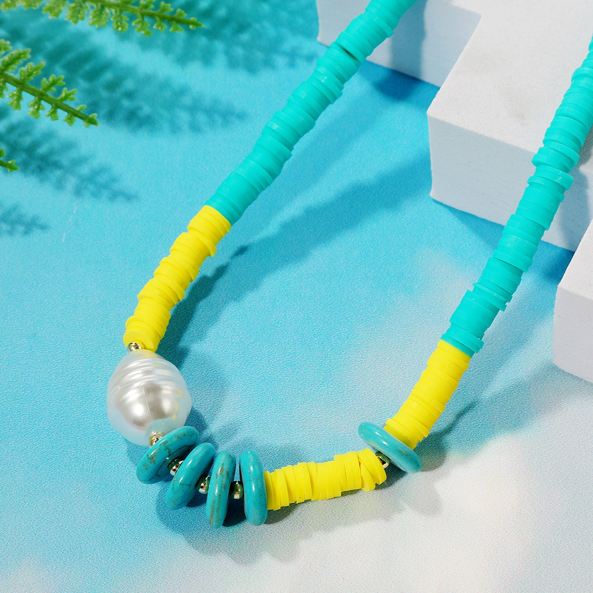 Pearl and Turquoise Polymer Clay 18K Gold-Plated Beaded Necklace, gold pendant necklace for women, side view