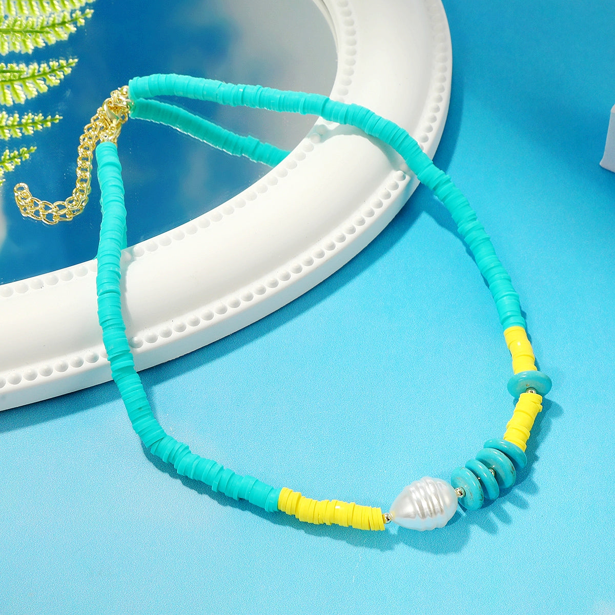 Pearl and Turquoise Polymer Clay 18K Gold-Plated Beaded Necklace, gold pendant necklace for women, detail close-up