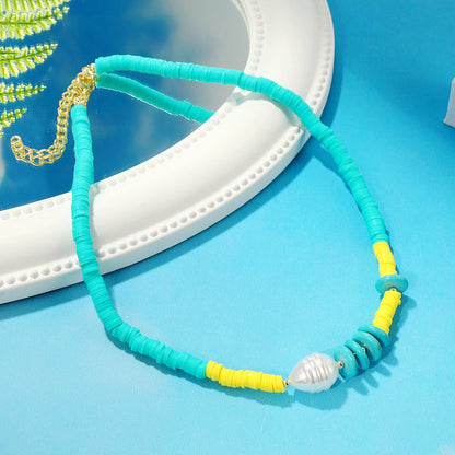 Pearl and Turquoise Polymer Clay 18K Gold-Plated Beaded Necklace, gold pendant necklace for women, detail close-up