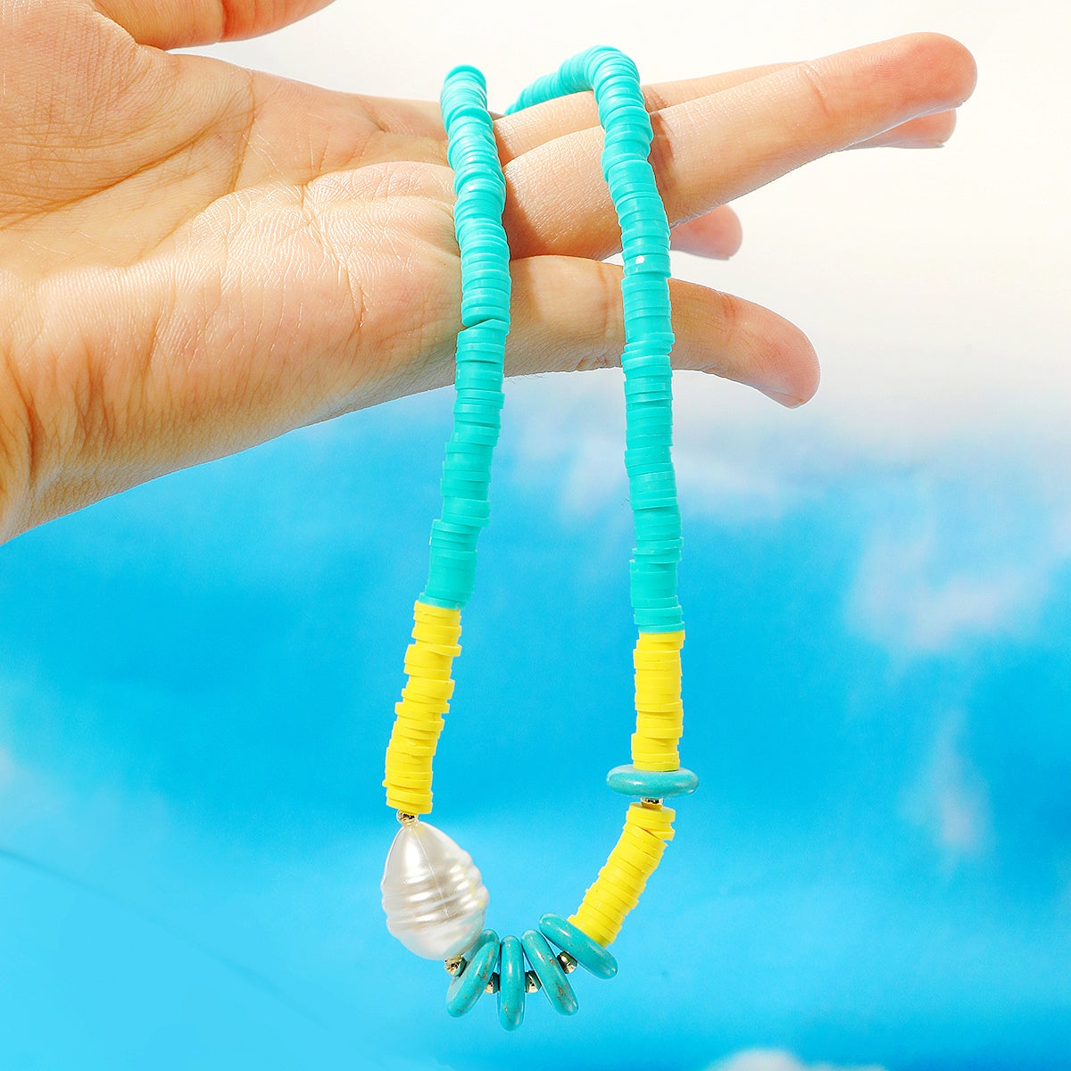 Pearl and Turquoise Polymer Clay 18K Gold-Plated Beaded Necklace, gold pendant necklace for women, lifestyle look