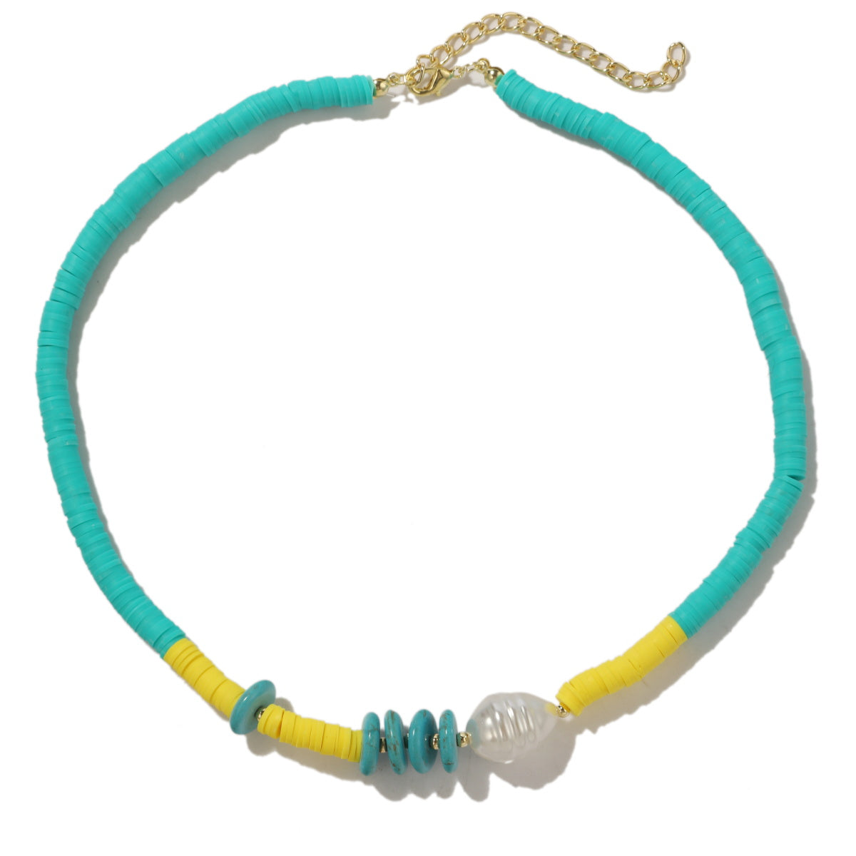 Pearl and Turquoise Polymer Clay 18K Gold-Plated Beaded Necklace, gold pendant necklace for women, styled look