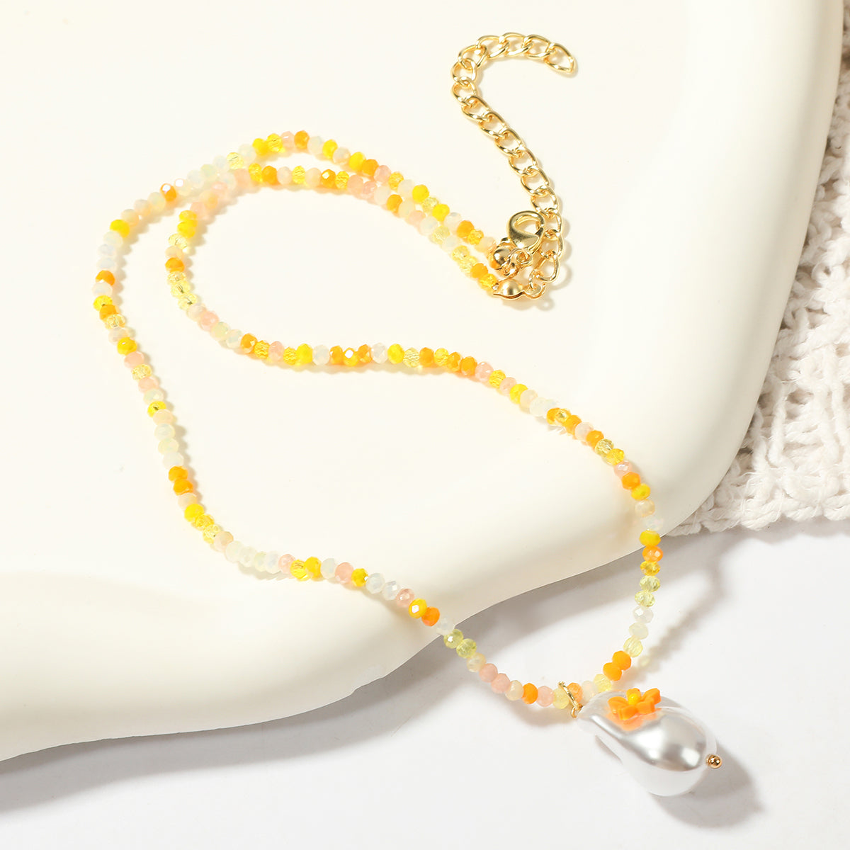Pearl and Yellow Acrylic 18K Gold-Plated Flower Pendant Necklace, gold pendant necklace for women, front view