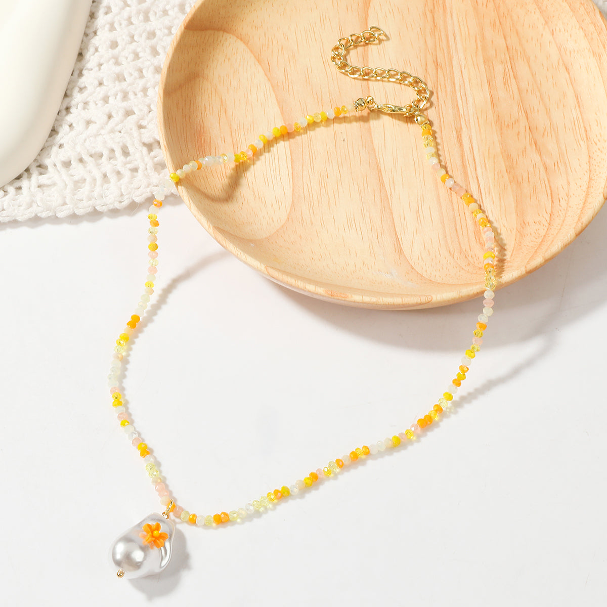 Pearl and Yellow Acrylic 18K Gold-Plated Flower Pendant Necklace, gold pendant necklace for women, side view