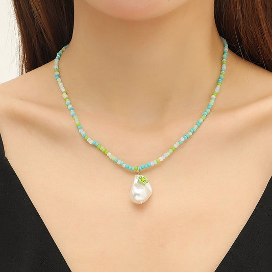 Pearl and Green Acrylic 18K Gold-Plated Flower Pendant Necklace, gold pendant necklace for women, front view