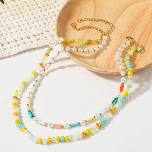 Pearl and Yellow Acrylic 18K Gold-Plated Beaded Necklace Set, jewelry gift sets for women, everyday style, front view