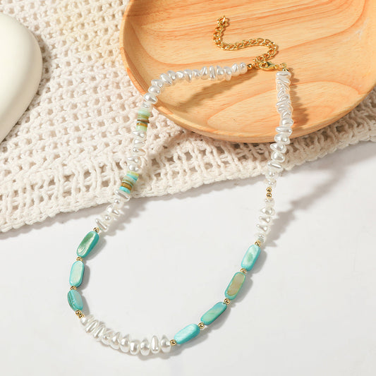 Pearl and Resin Shell 18K Gold-Plated Beaded Necklace, gold pendant necklace for women, botanical inspired, front view