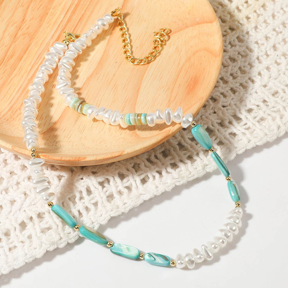 Pearl and Resin Shell 18K Gold-Plated Beaded Necklace, gold pendant necklace for women, botanical inspired, side view