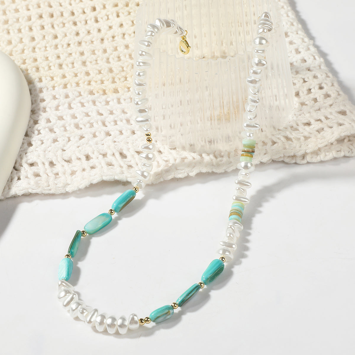 Pearl and Resin Shell 18K Gold-Plated Beaded Necklace, gold pendant necklace for women, botanical inspired, lifestyle look