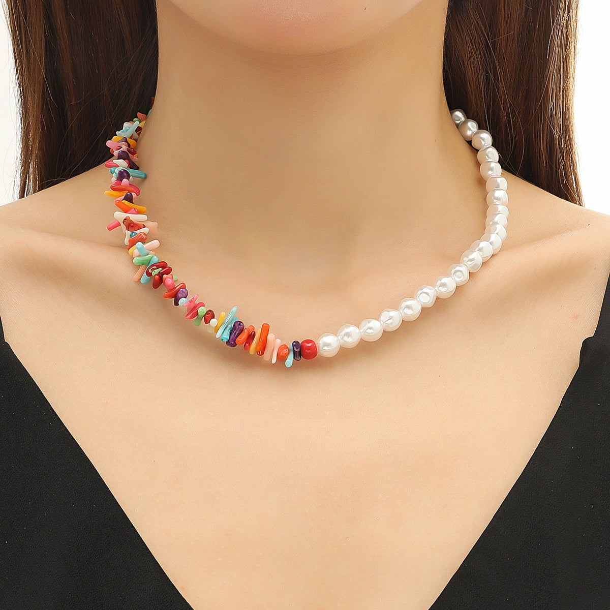 Pearl and Multicolor Shell 18K Gold-Plated Beaded Necklace, gold pendant necklace for women, front view