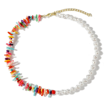 Pearl and Multicolor Shell 18K Gold-Plated Beaded Necklace, gold pendant necklace for women, side view