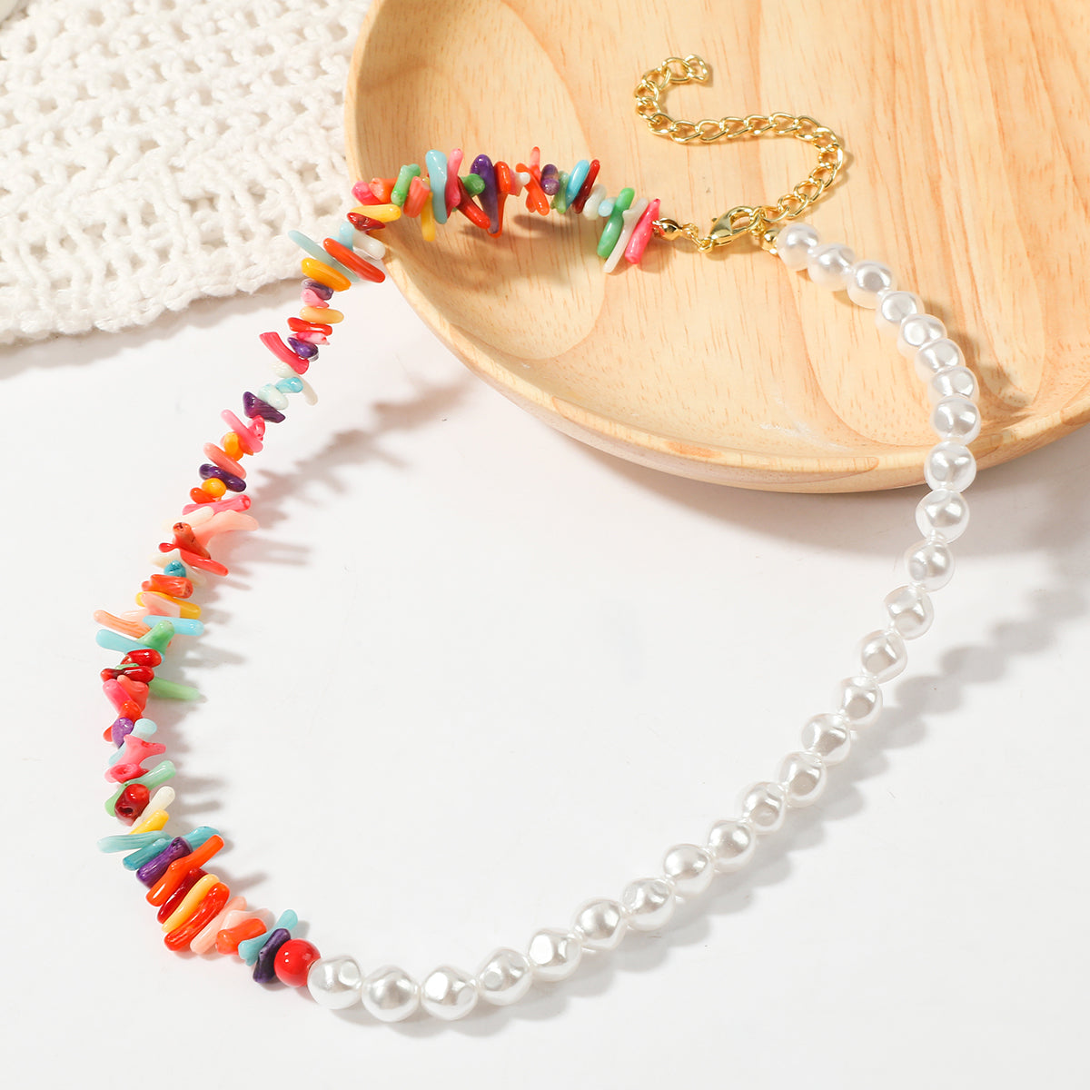 Pearl and Multicolor Shell 18K Gold-Plated Beaded Necklace, gold pendant necklace for women, detail close-up