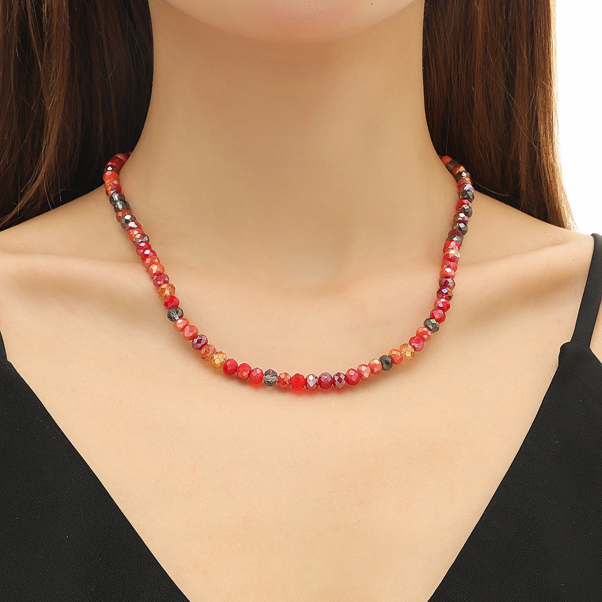 Red Acrylic and 18K Gold-Plated Beads Chain Necklace, gold pendant necklace for women, vintage-inspired design, front view