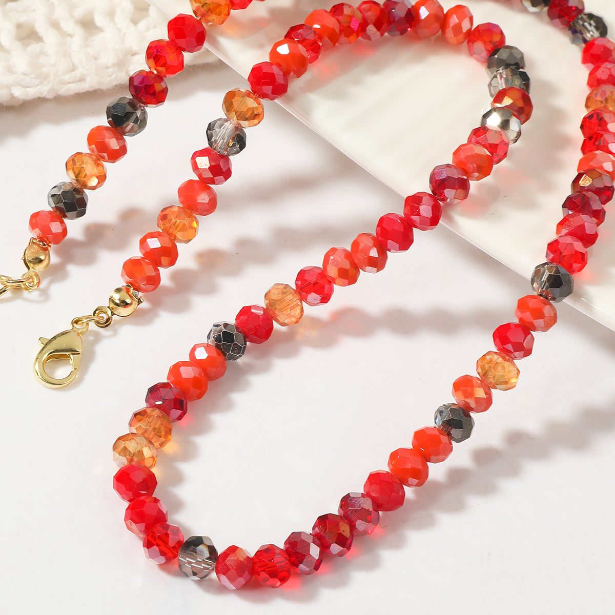 Red Acrylic and 18K Gold-Plated Beads Chain Necklace, gold pendant necklace for women, vintage-inspired design, side view