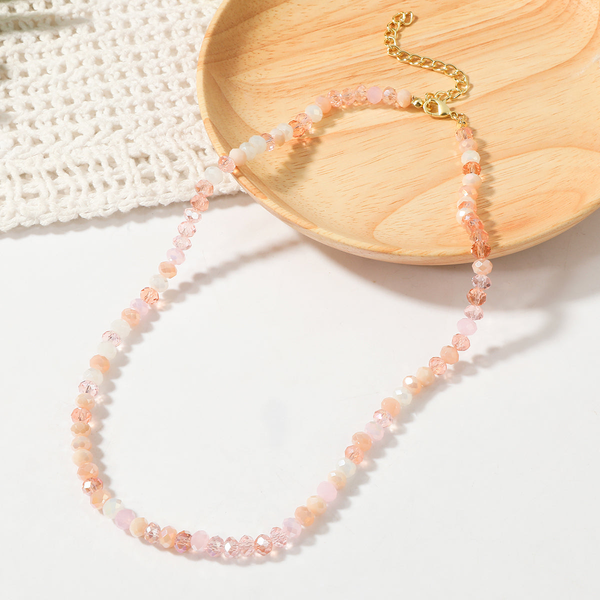 Pink Acrylic and 18K Gold-Plated Beads Chain Necklace, gold pendant necklace for women, everyday style, front view