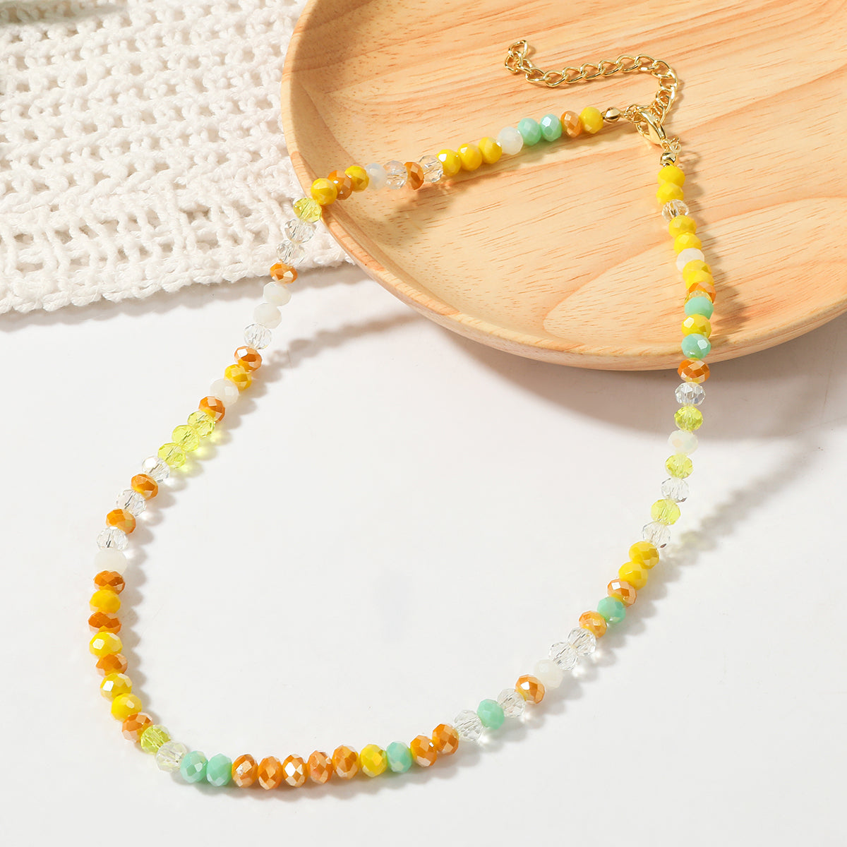 Yellow Acrylic and 18K Gold-Plated Beads Chain Necklace, gold pendant necklace for women, everyday style, front view