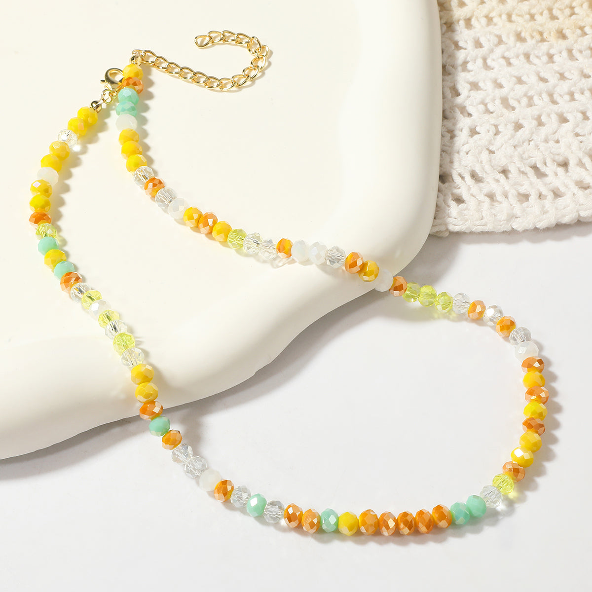 Yellow Acrylic and 18K Gold-Plated Beads Chain Necklace, gold pendant necklace for women, everyday style, detail close-up