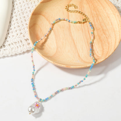 Pearl and Blue Acrylic 18K Gold-Plated Flower Pendant Necklace, gold pendant necklace for women, everyday style, front view