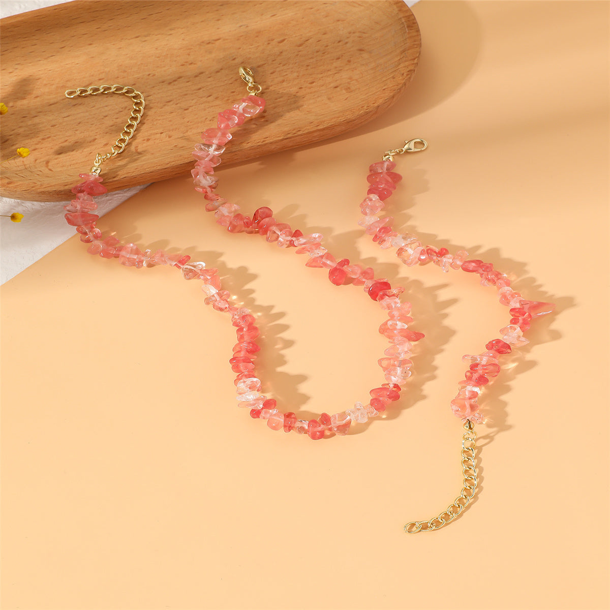 Pink Resin and 18K Gold-Plated Irregular Stone Bracelet Necklace Set, gold bracelet for women, detail close-up