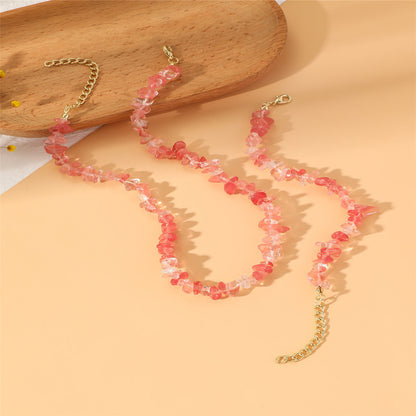 Pink Resin and 18K Gold-Plated Irregular Stone Bracelet Necklace Set, gold bracelet for women, detail close-up