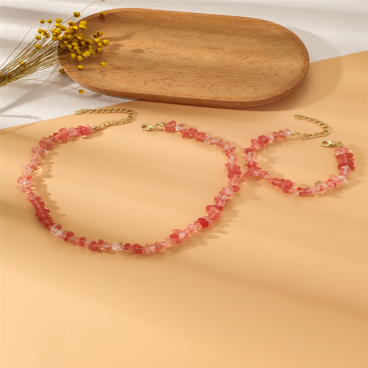 Pink Resin and 18K Gold-Plated Irregular Stone Bracelet Necklace Set, gold bracelet for women, lifestyle look