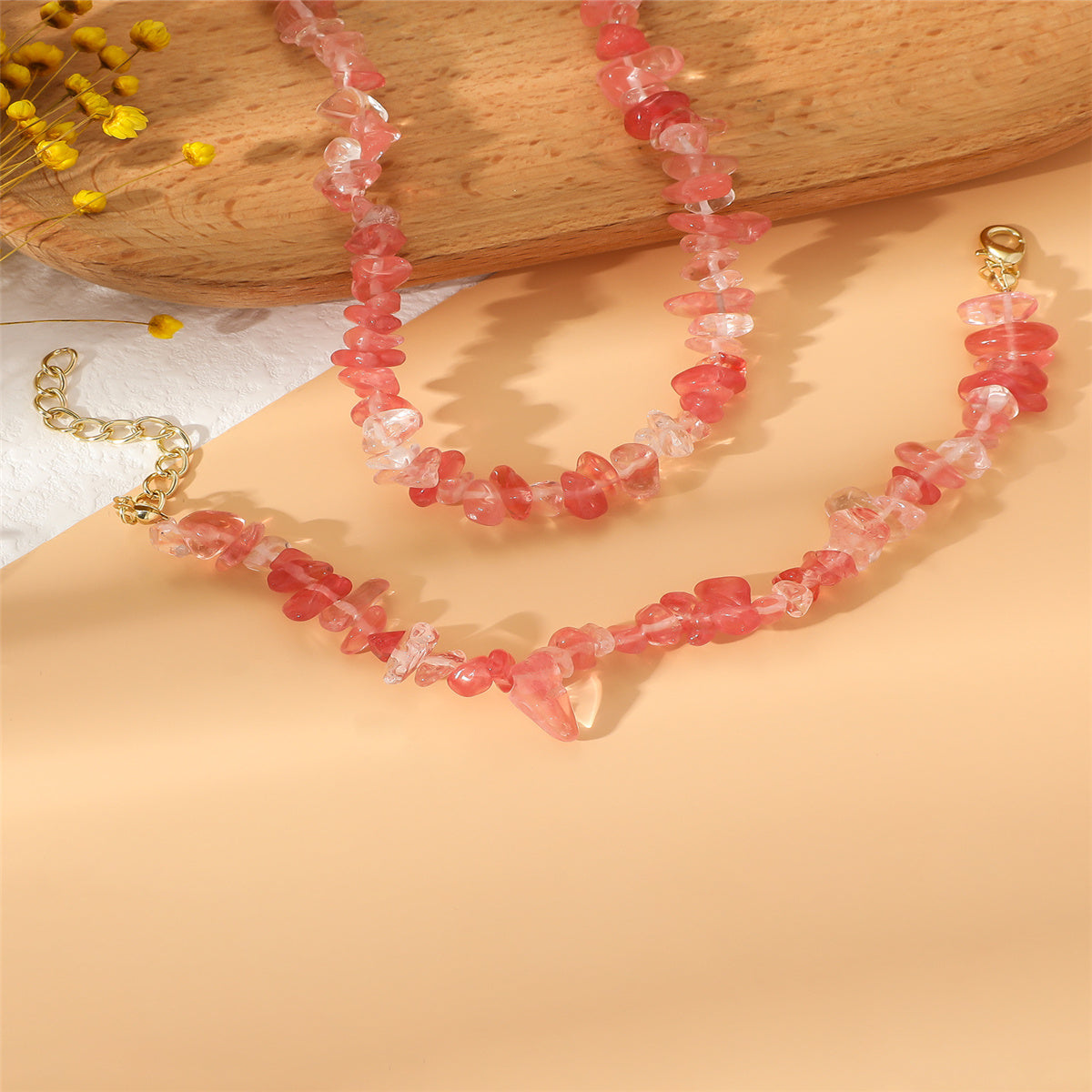 Pink Resin and 18K Gold-Plated Irregular Stone Bracelet Necklace Set, gold bracelet for women, styled look