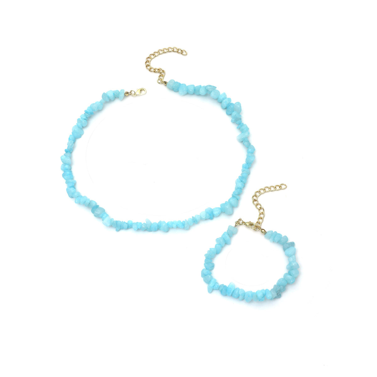 Blue Resin and 18K Gold-Plated Irregular Stone Bracelet Necklace Set, gold bracelet for women, front view