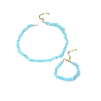 Blue Resin and 18K Gold-Plated Irregular Stone Bracelet Necklace Set, gold bracelet for women, front view