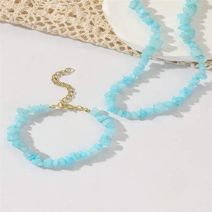 Blue Resin and 18K Gold-Plated Irregular Stone Bracelet Necklace Set, gold bracelet for women, detail close-up