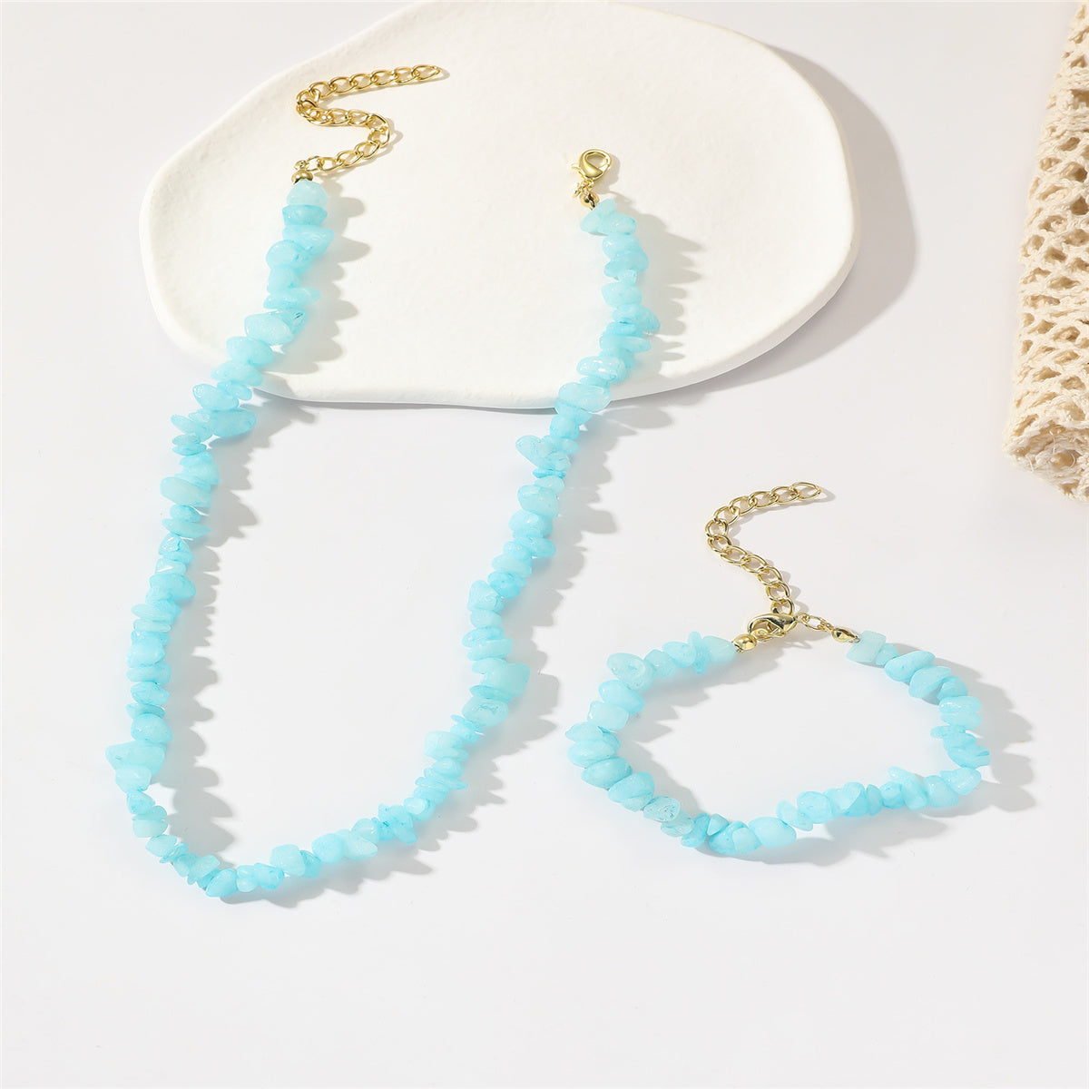 Blue Resin and 18K Gold-Plated Irregular Stone Bracelet Necklace Set, gold bracelet for women, side view