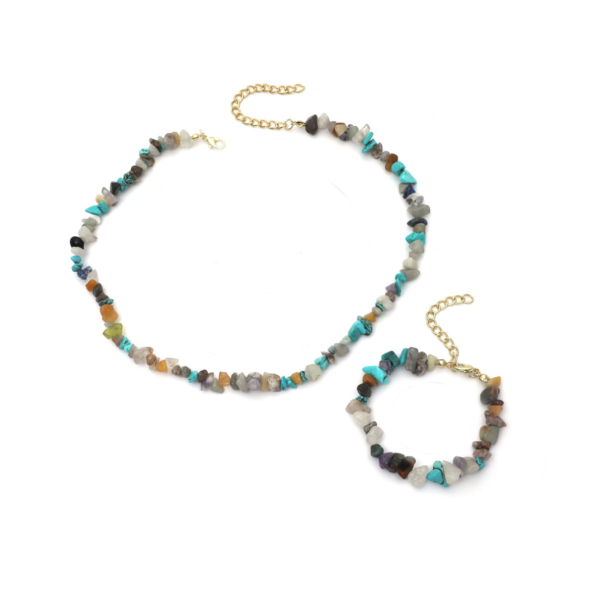 Teal Resin and 18K Gold-Plated Irregular Stone Bracelet Necklace Set, gold bracelet for women, everyday style, front view