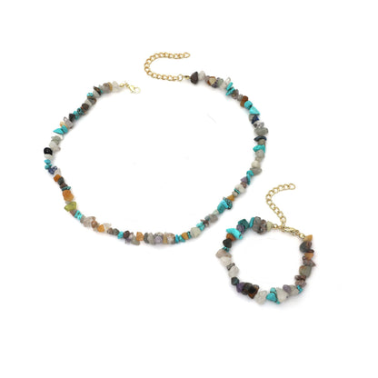 Teal Resin and 18K Gold-Plated Irregular Stone Bracelet Necklace Set, gold bracelet for women, everyday style, front view