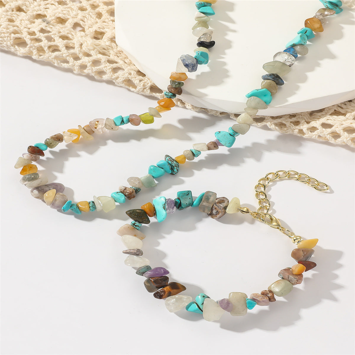 Teal Resin and 18K Gold-Plated Irregular Stone Bracelet Necklace Set, gold bracelet for women, detail close-up