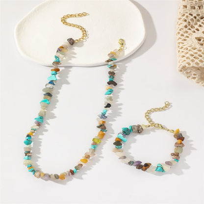 Teal Resin and 18K Gold-Plated Irregular Stone Bracelet Necklace Set, gold bracelet for women, everyday style, lifestyle look