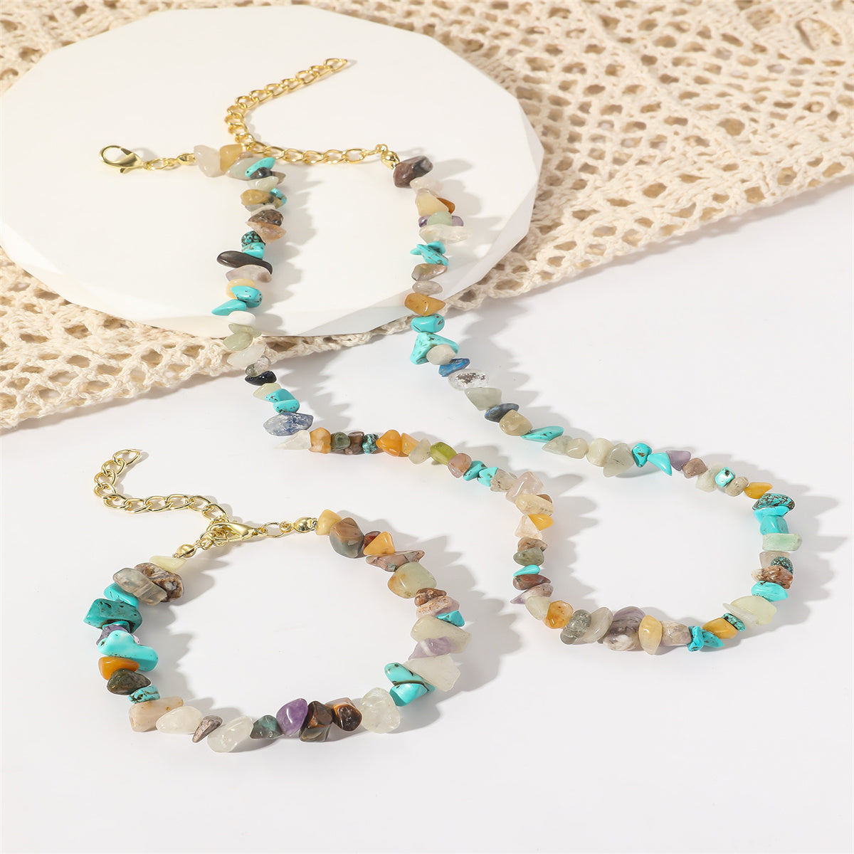 Teal Resin and 18K Gold-Plated Irregular Stone Bracelet Necklace Set, gold bracelet for women, everyday style, side view