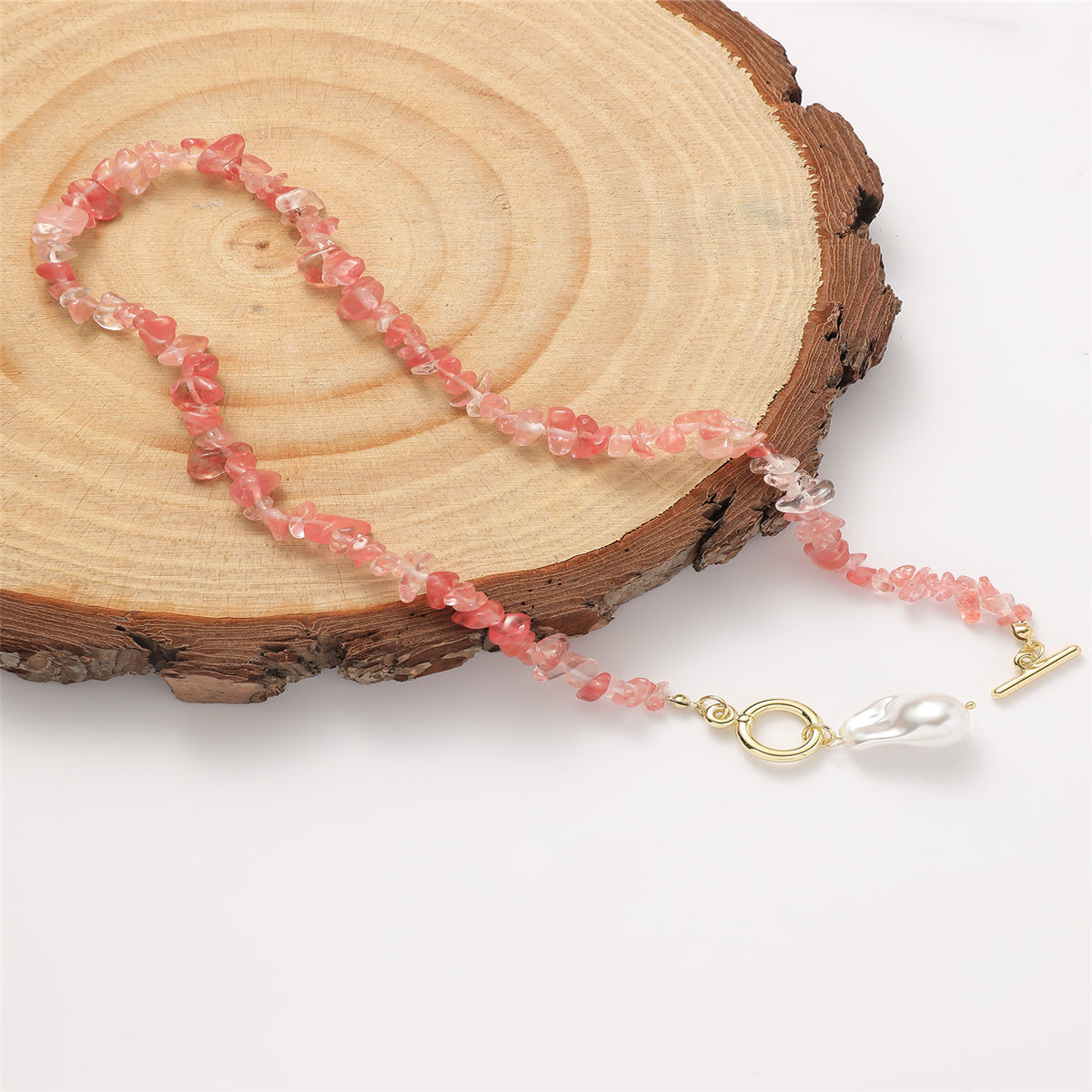 Pink Resin and Pearl Irregular Stone Toggle Pendant Necklace, pendant necklace for women, detail close-up