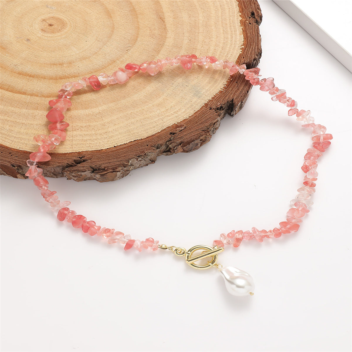 Pink Resin and Pearl Irregular Stone Toggle Pendant Necklace, pendant necklace for women, elegant gift for her, side view