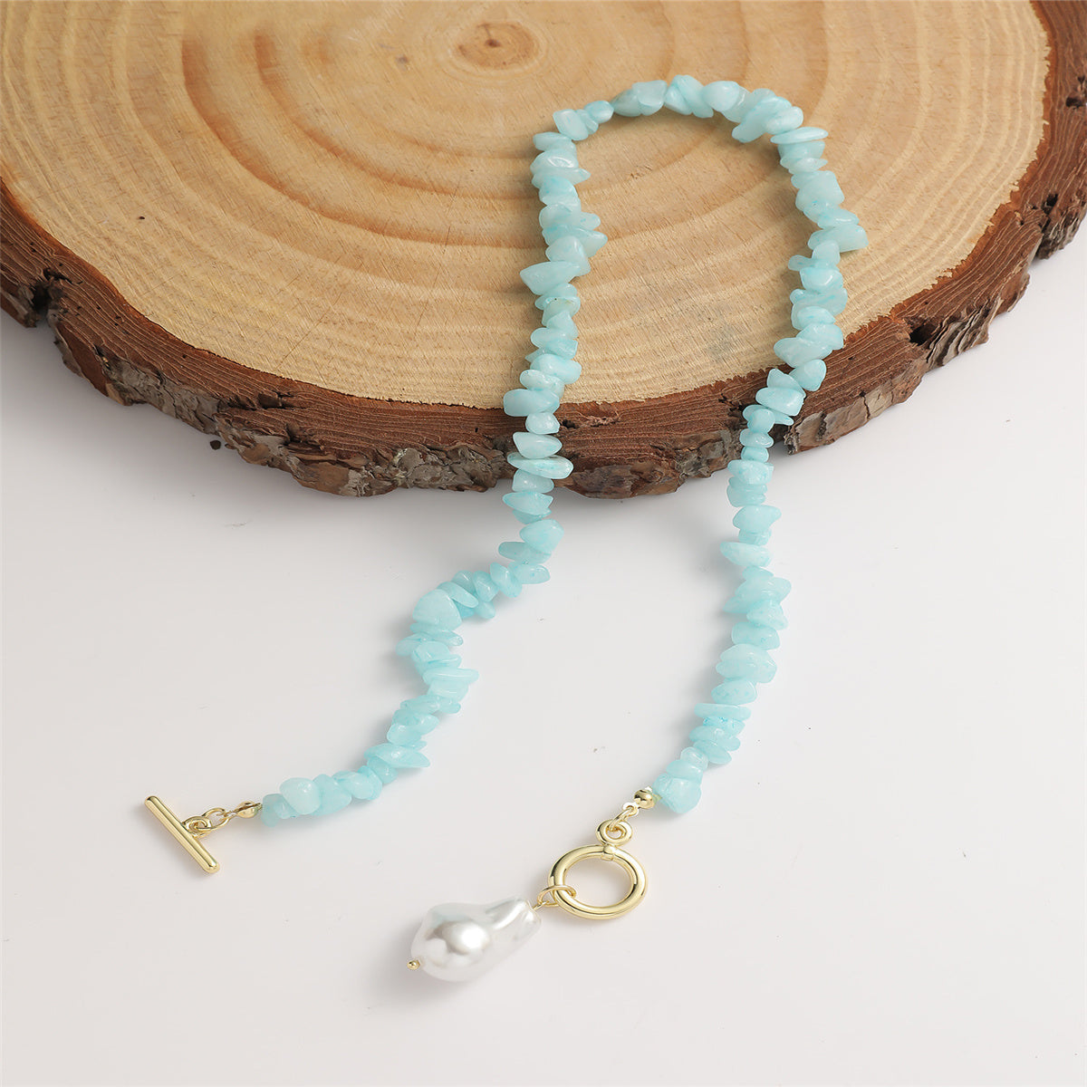 Blue Resin and Pearl Irregular Stone Toggle Pendant Necklace, pendant necklace for women, botanical inspired, detail close-up