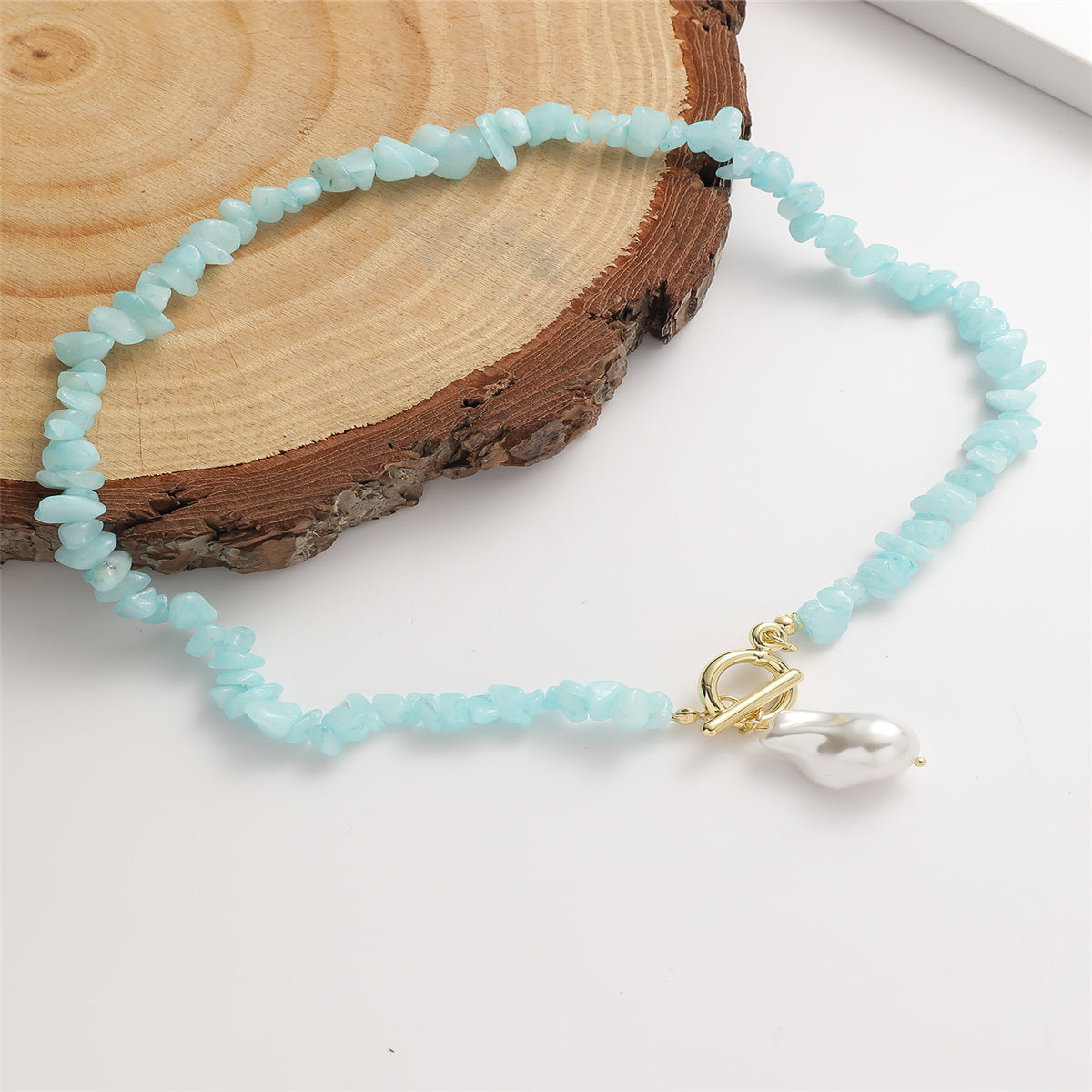 Blue Resin and Pearl Irregular Stone Toggle Pendant Necklace, pendant necklace for women, botanical inspired, side view