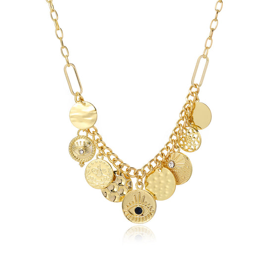 Cubic Zirconia and 18K Gold-Plated Eye Star Coin Pendant Necklace, gold pendant necklace for women, front view