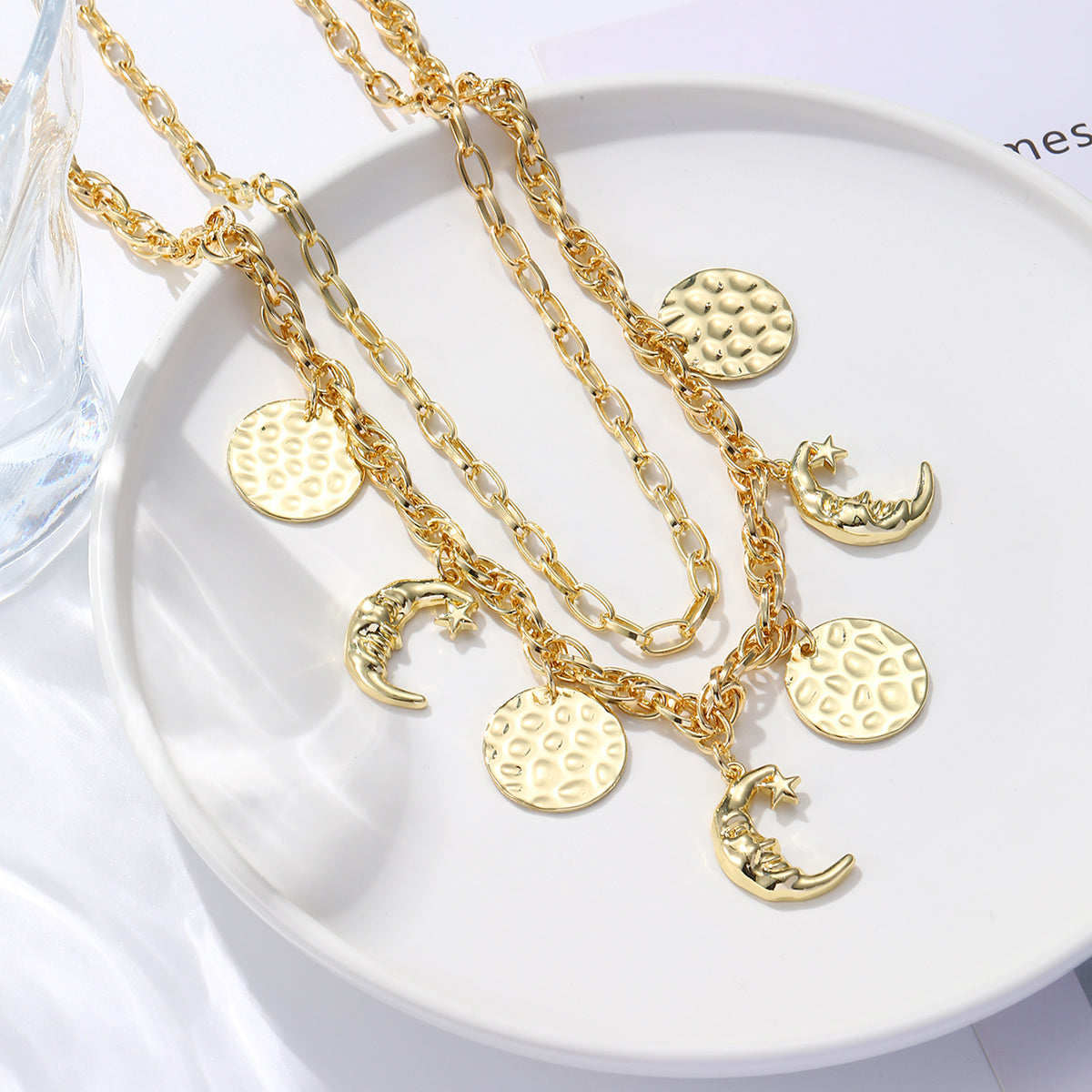 18K Gold-Plated Moon Pendant Necklace Set, jewelry gift sets for women, dainty minimalist design, side view