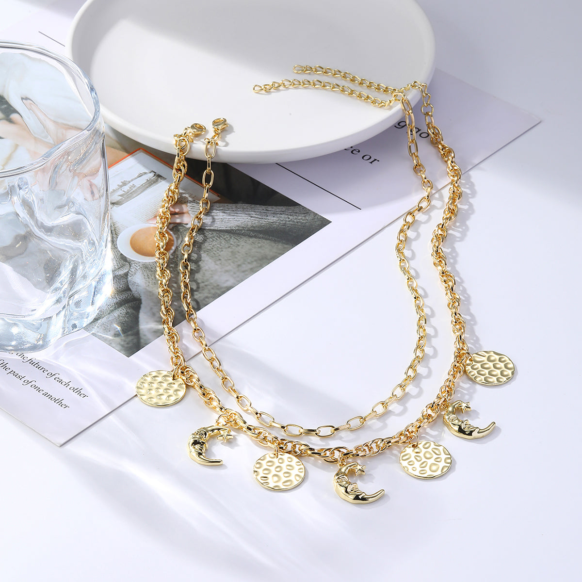18K Gold-Plated Moon Pendant Necklace Set, jewelry gift sets for women, dainty minimalist design, detail close-up