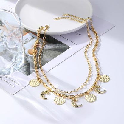 18K Gold-Plated Moon Pendant Necklace Set, jewelry gift sets for women, dainty minimalist design, detail close-up
