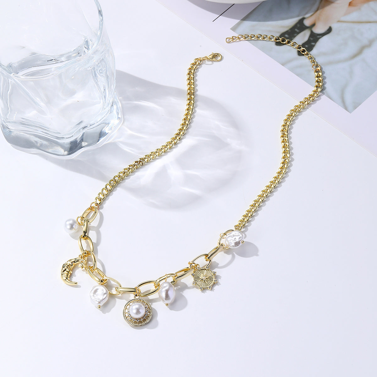 Cubic Zirconia and Pearl 18K Gold-Plated Moon Pendant Necklace, gold pendant necklace for women, detail close-up