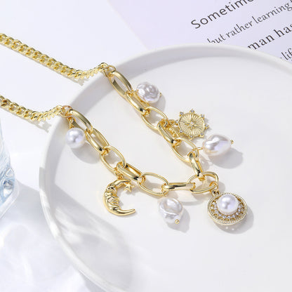 Cubic Zirconia and Pearl 18K Gold-Plated Moon Pendant Necklace, gold pendant necklace for women, lifestyle look