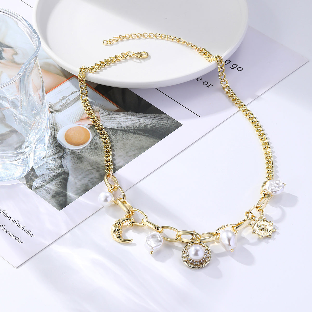 Cubic Zirconia and Pearl 18K Gold-Plated Moon Pendant Necklace, gold pendant necklace for women, everyday style, styled look