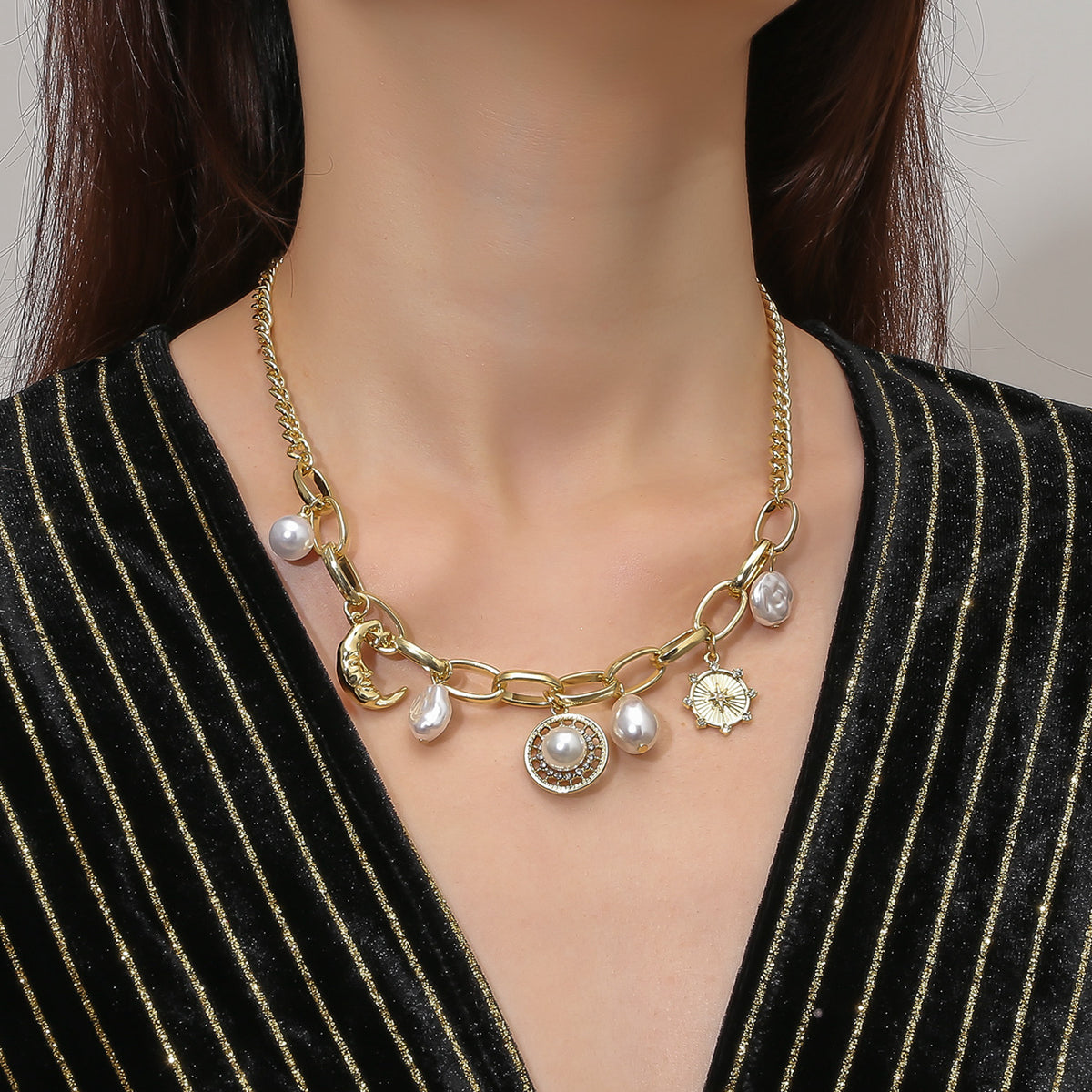Cubic Zirconia and Pearl 18K Gold-Plated Moon Pendant Necklace, gold pendant necklace for women, everyday style, front view