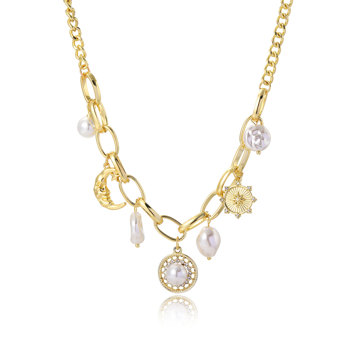 Cubic Zirconia and Pearl 18K Gold-Plated Moon Pendant Necklace, gold pendant necklace for women, everyday style, side view